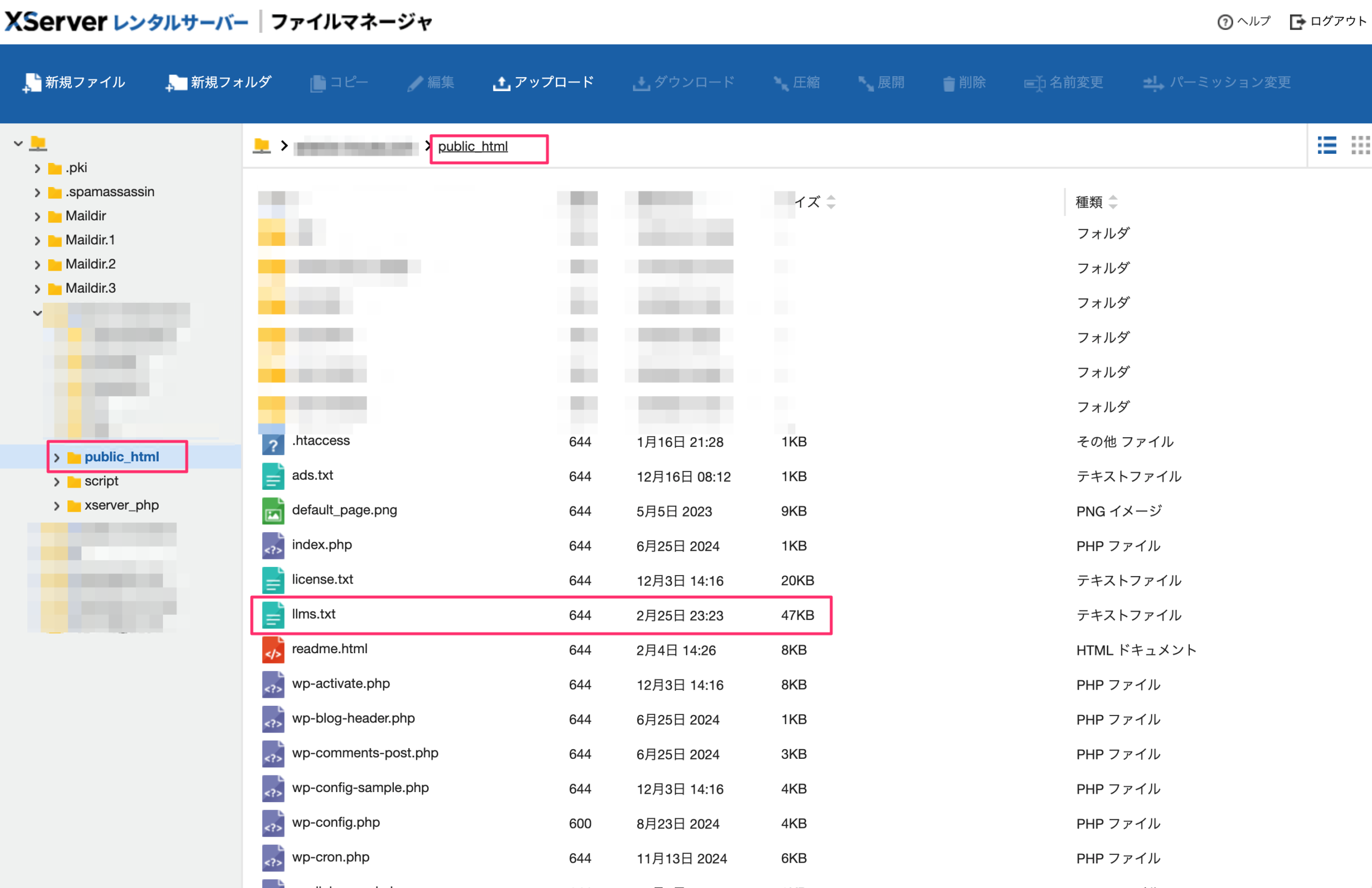 FTPソフトでpublic_htmlフォルダにllms.txtをアップロードした画面