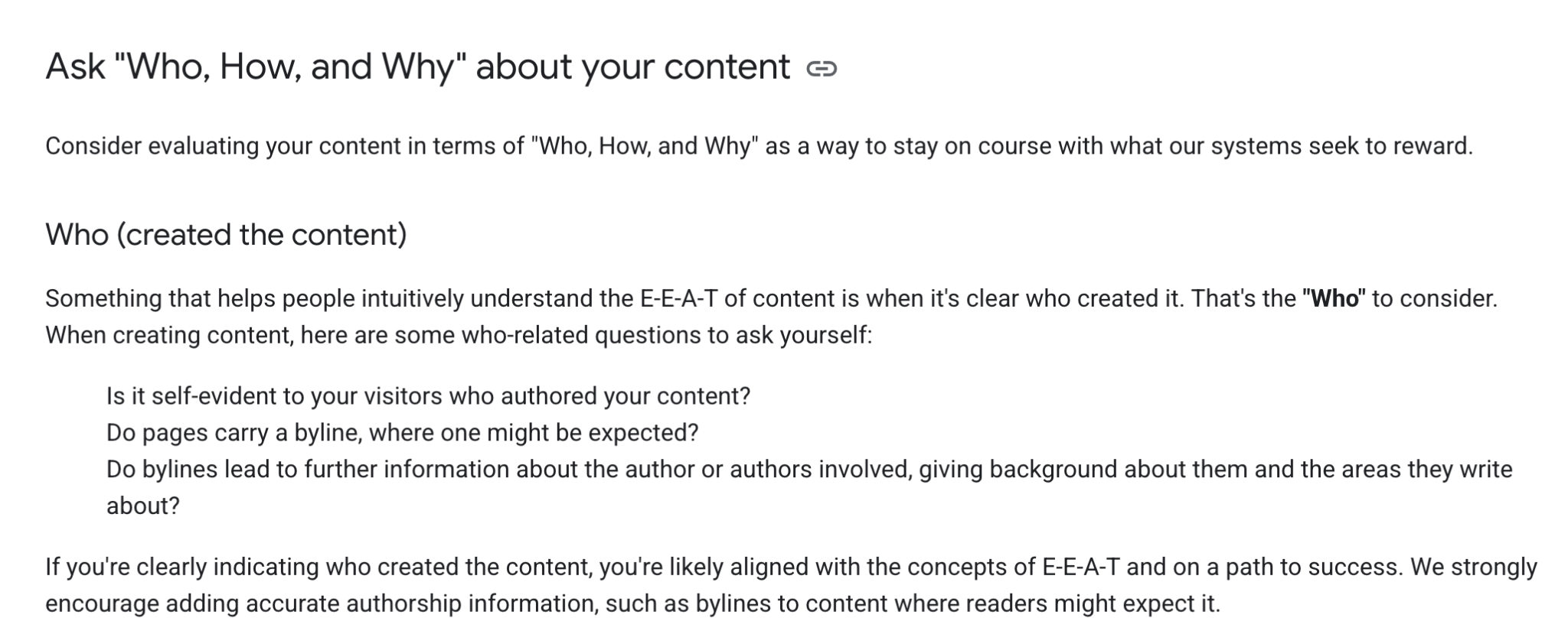 Googleは公式ドキュメントの中で、「コンテンツを評価する際、誰が（Who）・どのように（How）・なぜ（Why）つく…