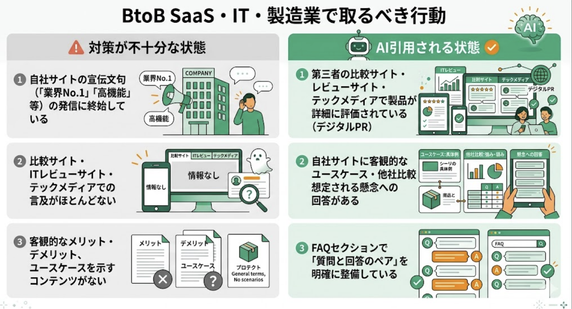 BtoB SaaS・IT・製造業で取るべきLLMO対策の行動一覧（LLMO研究所作図）