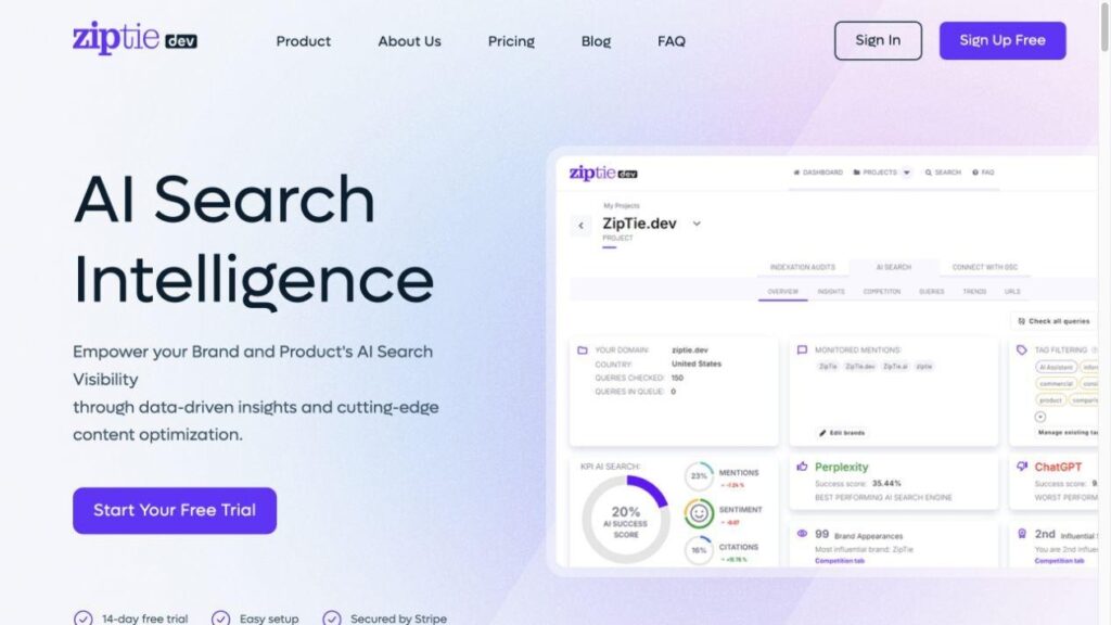 ZipTieの公式サイト。AI検索での言及、センチメント、引用を分析するダッシュボードと無料トライアルを紹介している。