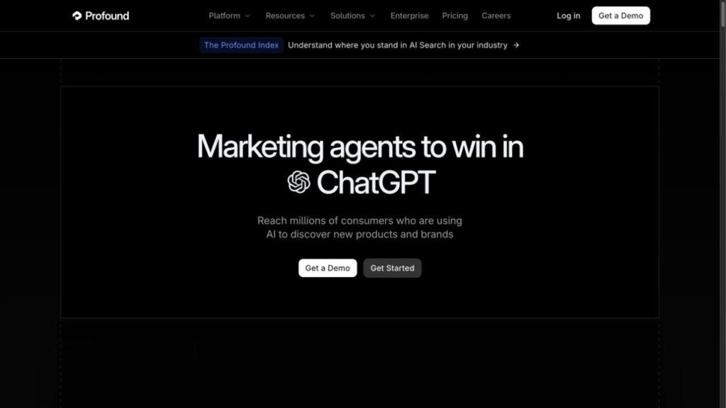 Profoundの公式サイト。「ChatGPTで選ばれるためのマーケティング支援」を掲げたトップページ。