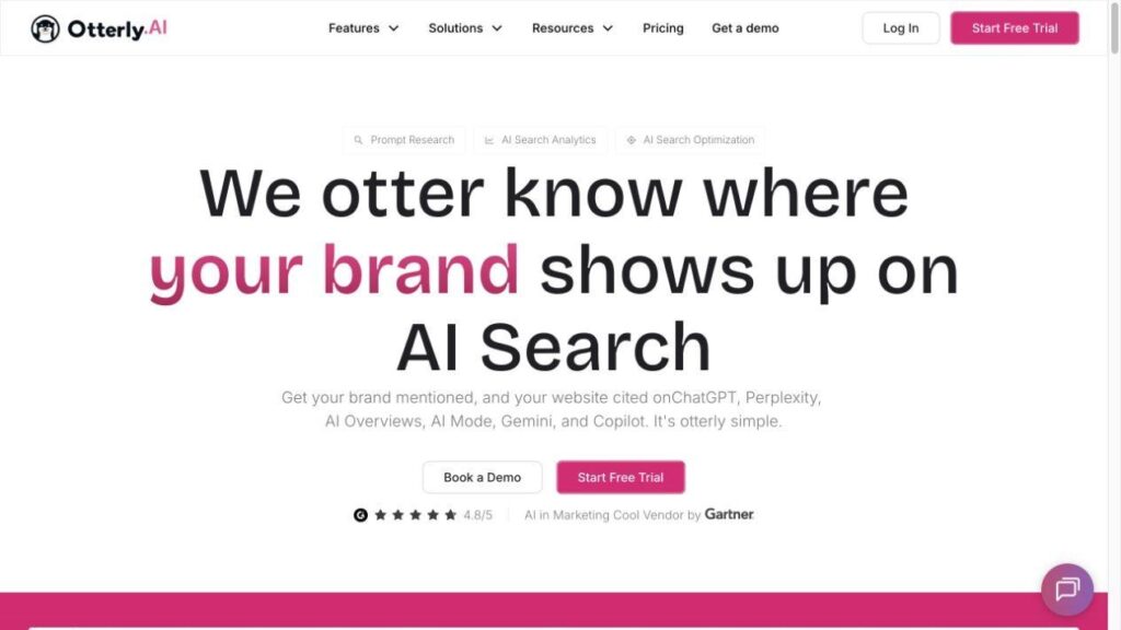 Otterly.AIの公式サイト。ChatGPTやGeminiなどのAI検索で自社ブランドが表示される場所を追跡できることを紹介している。