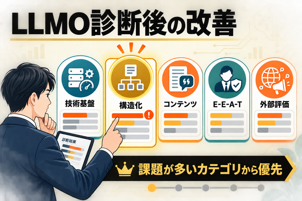 LLMO診断後の改善方法を表すイメージ