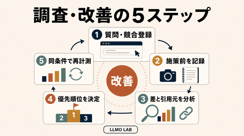 LLMO対策ツールを使った調査・改善の5ステップ。質問・競合登録、施策前の記録、差と引用元の分析、優先順位の決定、同条件での再計測を循環させる。