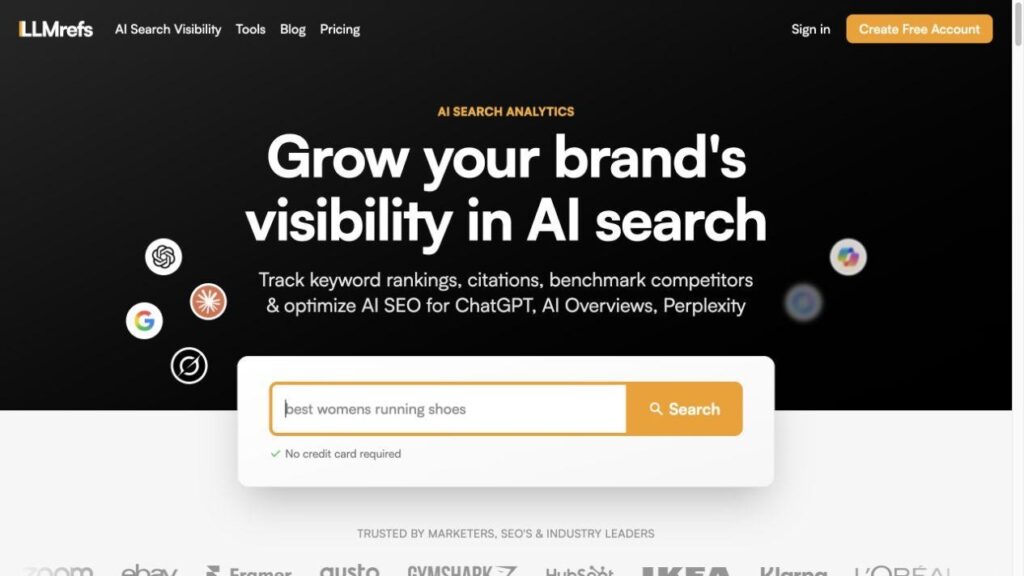 LLMrefsの公式サイト。AI検索でのブランド可視性を高めるため、キーワード順位、引用、競合を追跡できることを紹介している。
