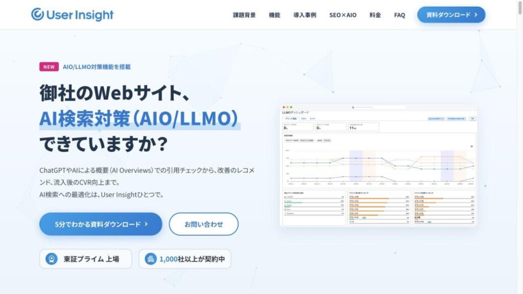 User Insightの公式サイト。WebサイトのAI検索対策機能と、引用状況や推移を確認できるLLMOダッシュボードを表示している。