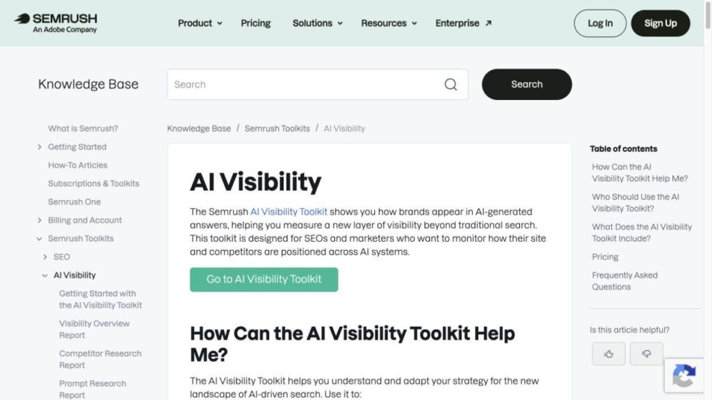 Semrush AI Visibility Toolkitの解説ページ。AI生成回答における自社と競合の表示状況を監視する機能を紹介している。