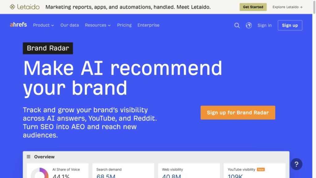 Ahrefs Brand Radarの公式サイト。AI回答でのブランド可視性を追跡し、AIに推薦されるブランドを目指す機能を紹介している。
